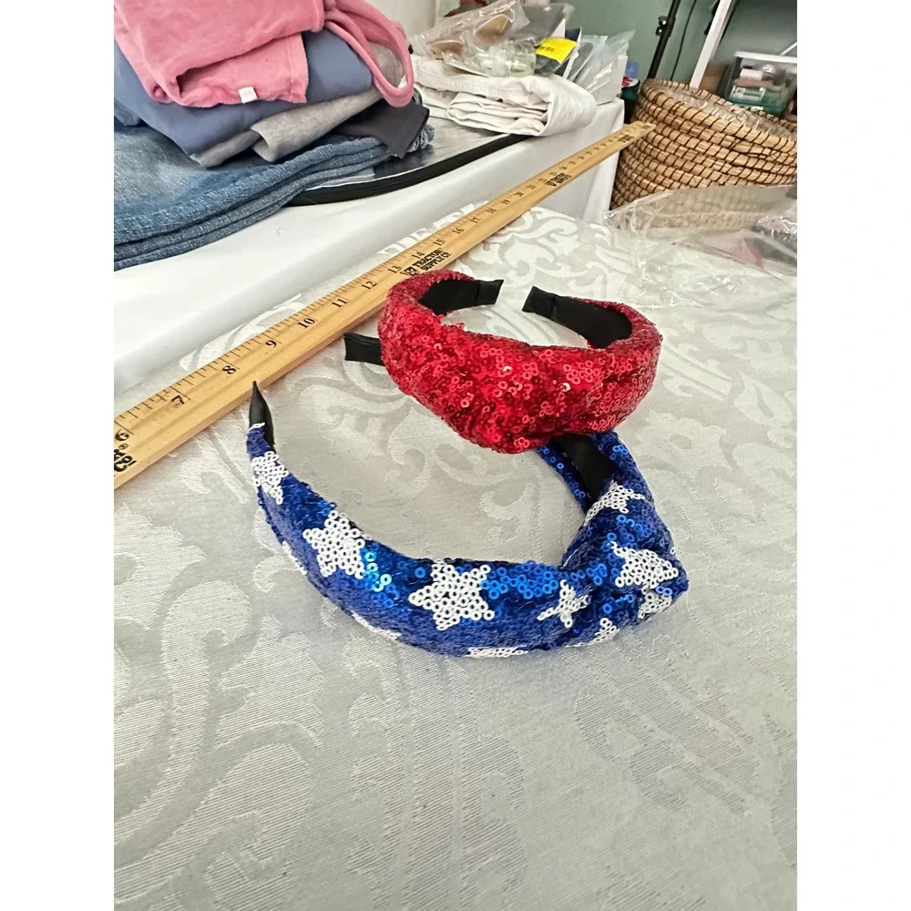 Kids Sequin Knot Headbands Red Blue Star Patriotic‎ Headwear Set